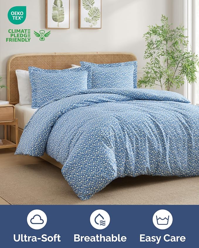 Duvet Cover Cal King Size - Floral Duvet Cover - 3 Piece - Bluefield | Soft Floral Duvet Cover 104 x 98 with 2 Pillow Shams, Zipper Closures & Ties, Floral Bedding for Women, Men, Kids & Teens