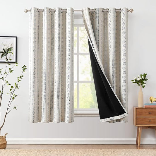 jinchan Boho Blackout Curtains 72 Inches Long for Bedroom Living Room | Blue on Beige Geometric Printed Grommet Curtains Room Darkening Thermal Insulated Window Treatments 2 Panels