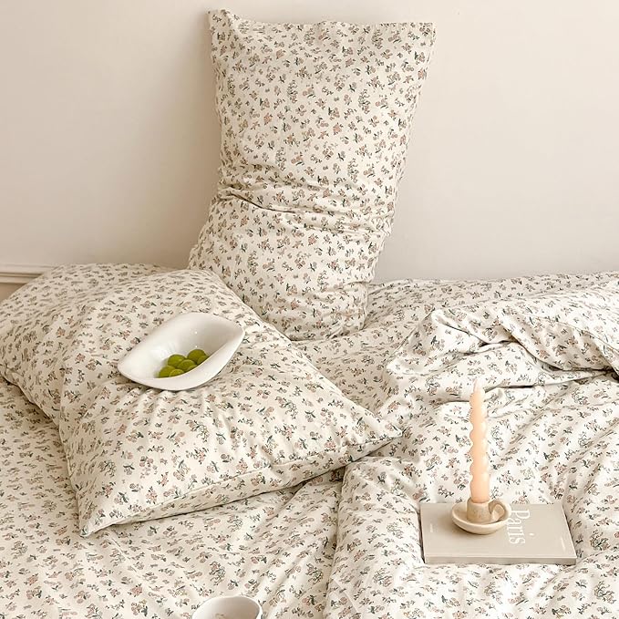mixinni Boho Floral Girls Duvet Cover Set Twin Size Soft Cotton Comforter Cover Set Farmhouse Shabby Chic Flower Duver Cover for Women, 1 Cute Floral Duver Cover and 2 Pillowcases for All Seasons