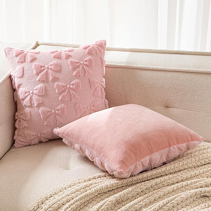 MIULEE Pink Bow Pillow Covers Coquette Room Decor 18x18 | Aesthetic Decorative Cute Girl,Set of 2 Cushion Covers,Soft Plush Faux Pillowcases,Preppy Room Decor Bedroom Couch