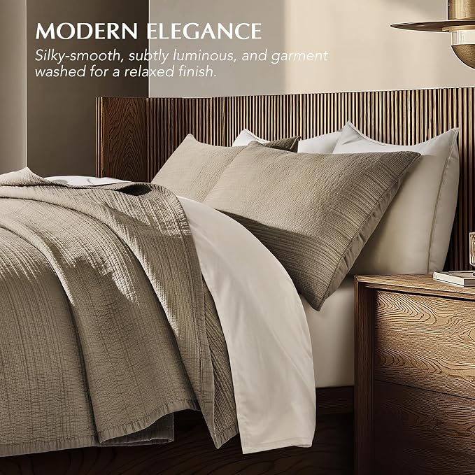 EVERGRACEHOME Cotton Sateen Channel Quilt Set, Queen Size, Stone Taupe | 100% Cotton, Pre-Washed Soft Coverlet Bedspread, 3-Piece Refined Channel Stitch Bedding Set for All Season, 2 Pillow Shams
