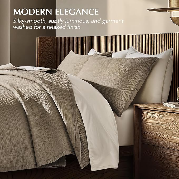 EVERGRACEHOME Cotton Sateen Channel Quilt Set, King Size, Stone Taupe | 100% Cotton, Pre-Washed Soft Coverlet Bedspread, 3-Piece Refined Channel Stitch Bedding Set for All Season, 2 Pillow Shams