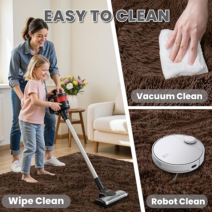 5x8 Fluffy Shag Area Rugs for Living Room Bedroom: Soft Plush Carpet Brown | Upgraded Non-Slip Thick Memory Foam, Ultra Soft, Non-Shedding Fuzzy Carpet, Easy Clean Decor for Kids Room, Nursery, Playroom