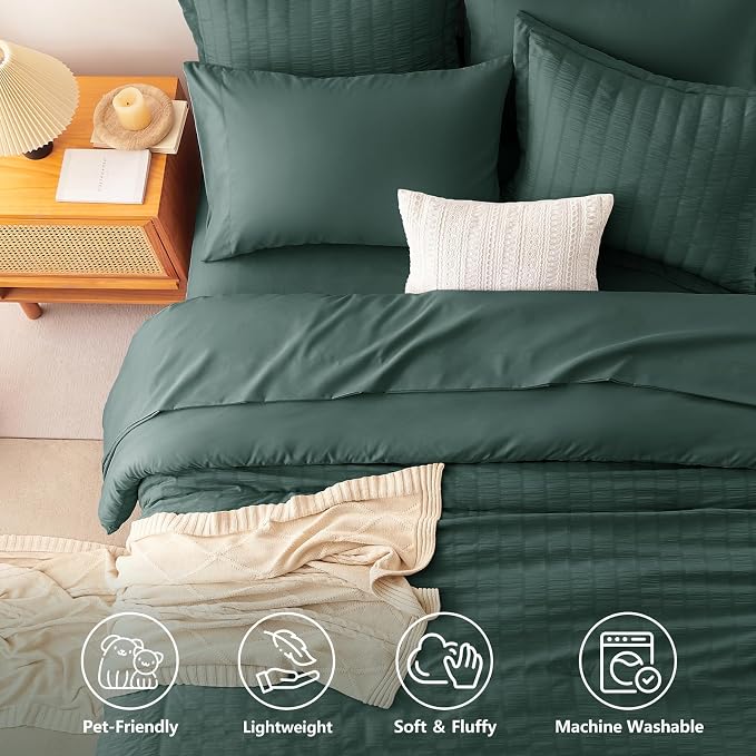 Oversized King Seersucker Comforter Set, Forest Green, 120 x 98 in | OEKO-TEX Certified, 7 Pieces Bed in a Bag with 240 GSM Down Alternative Comforter, Flat & Fitted Sheets, Pillowcases & Shams