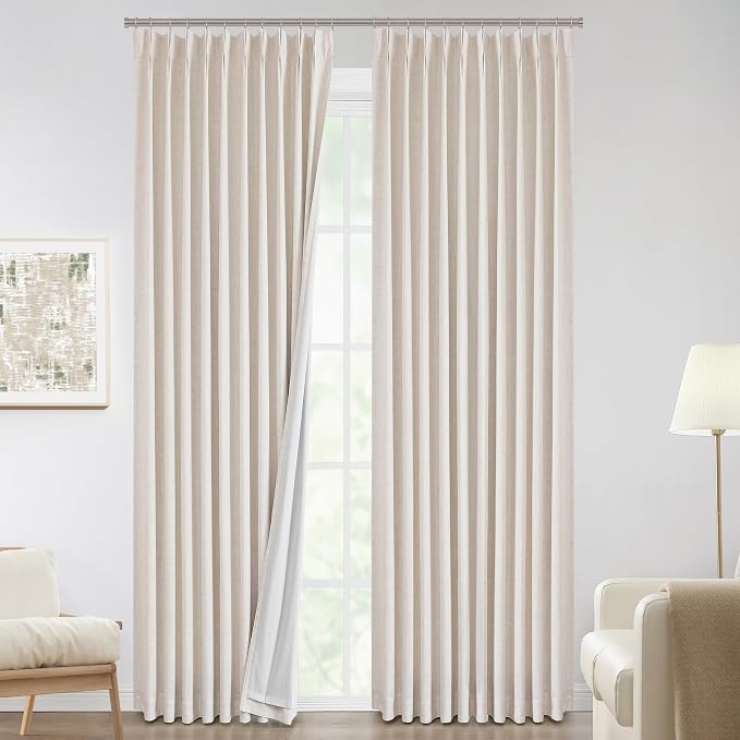 Vision Home Natural Pinch Pleated Full Blackout Curtains Linen Blended Room Darkening Window Curtains 120 inch for Living Room Bedroom Thermal Insulated Pinch Pleat Drapes with Hooks 60" Wx120 Lx1