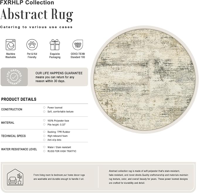 Round Area Rug Living Room: 5 ft Modern Washable Indoor Carpet | For Bedroom Dining Room Farmhouse Nursery Hallway Office,Modern Abstract,Machine washable,Non-Slip,Stain Resistant,Indoor