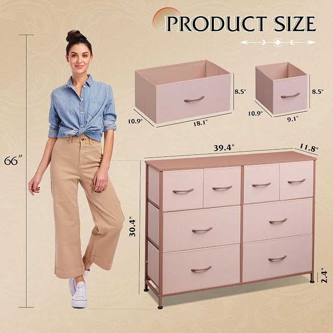 WLIVE Wide Dresser for Bedroom, 8 Drawer Chest of Drawers, Pink | 8 roomy fabric drawers, Wide storage design, Bedroom or closet use, Sturdy steel frame, Smooth wood tabletop