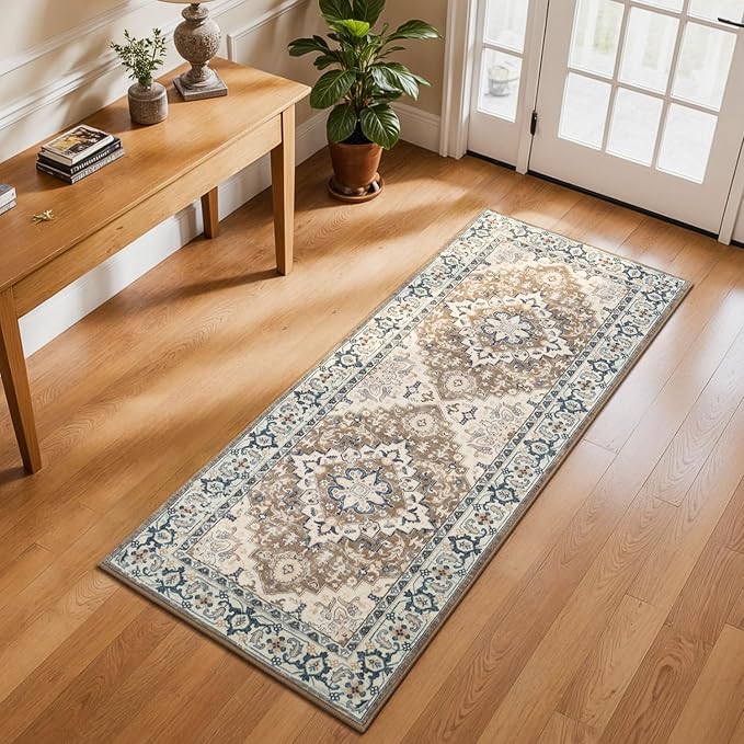 2x5 Runner Entryway Rug, Machine Washable Kitchen Rugs, Brown Beige | Faux Wool Low Pile Long Rug for Bedroom Hallway, Floral Medallion Boho Vintage Carpets with Non-Slip Rubber, Stain Resistant