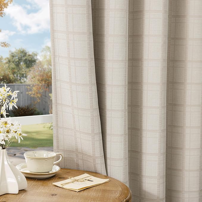 Beauoop Beige Plaid Jacquard Blackout Curtains for Bedroom 52x72 2 Panels | Gingham Checkered Room Darkening Drapes for Living Room 72 Inch Long Thermal Insulated Soundproof Window treatment Grommet