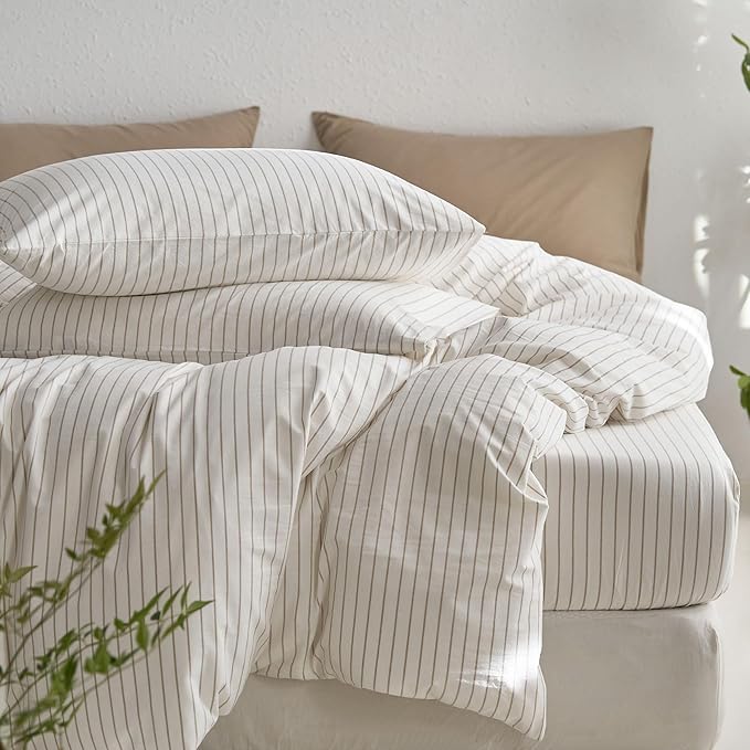 MooMee Striped Duvet Cover Set 100% Washed Cotton Linen Like | Relaxed Linen-like Texture. Soft, Breathable & Long-lasting Comfort. Lightweight. Hidden Zipper with 8 Interior Corner Ties