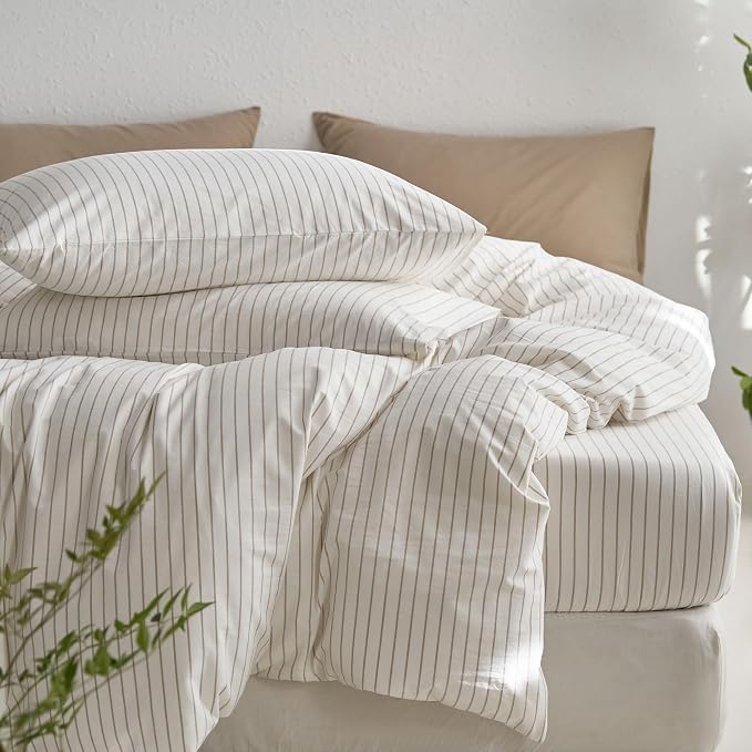 MooMee Striped Duvet Cover Set 100% Washed Cotton Linen Like King | Relaxed Linen-like Texture. Soft, Breathable & Long-lasting Comfort. Lightweight. Hidden Zipper with 8 Interior Corner Ties
