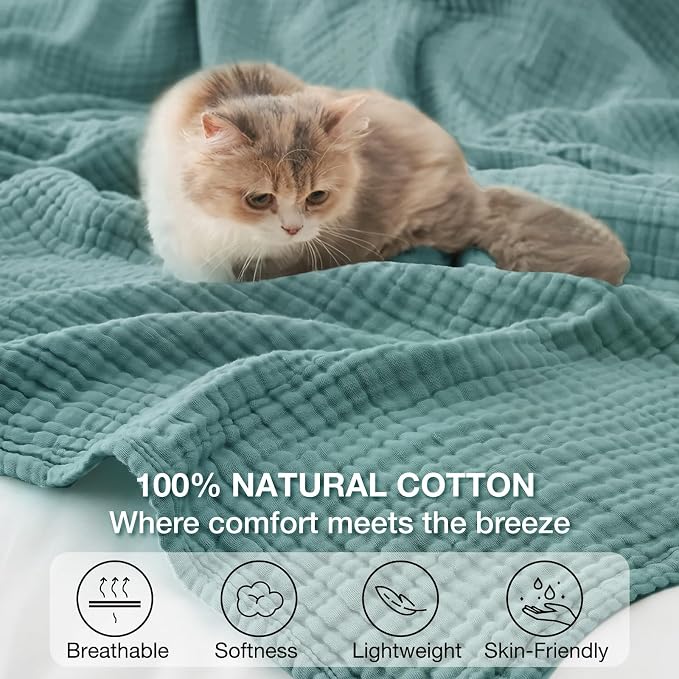 100% Cotton Muslin Blanket 50" x 60", Breathable and Lightweight Cotton Throw Blankets for Couch, Soft Cooling Summer Gauze Blanket for Adults All Season, Teal Blue