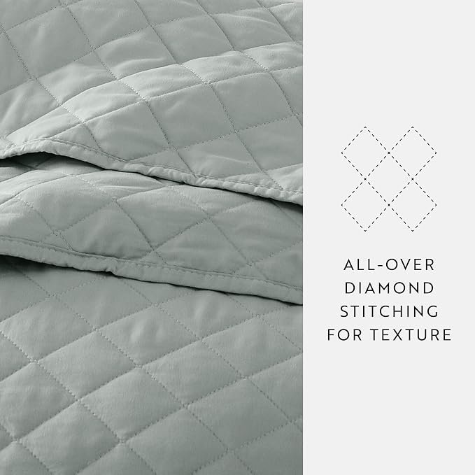 Merit Linens Modern Quilt Coverlet Soft Set in Diamond Stitching - Twin/TwinXL Eucalyptus