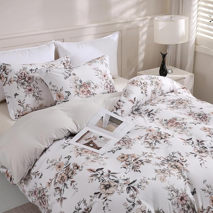 LONAVA King Floral 3 Pcs Duvet Cover Set, Breathable Soft Microfiber Light Grey Lining Comforter Cover with Zipper Closure, and 2 Anti-Pilling, Fade Resistant Pillowcases, Withered Flowers
