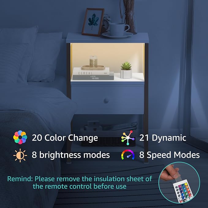 BOLUO White and Gold Nightstand with Charging Station, LED Night Stand with Fabric Drawers and Shelf, Bedside Table with USB Ports and Outlets, Bedroom Nightstand Modern