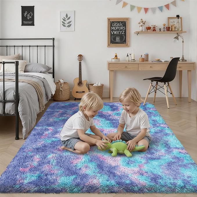 Area Rug Living Room Bedroom: 4x6 Fluffy Plush Shag Carpet Rainbow | For Kids Room Playroom Nursery Home Decor,Ultra Soft,Non-Slip Non-Shedding,Fuzzy Plush,Large Indoor Floor Carpet,Easy Clean