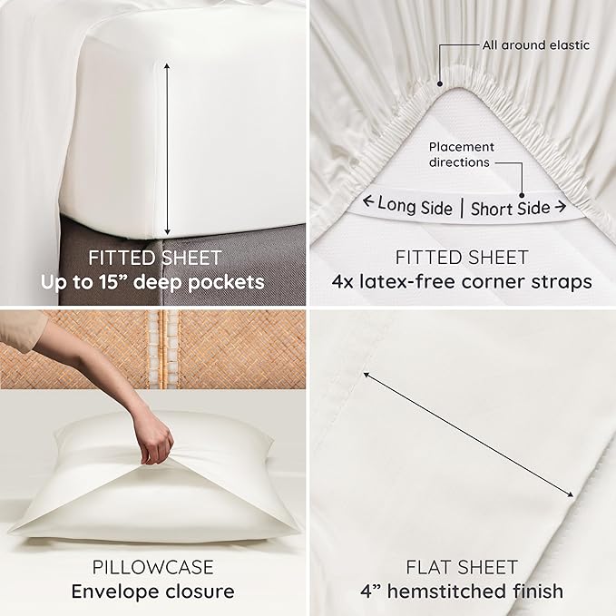 Bambaw 100% Viscose Derived from Bamboo Sheets King Size Set – 4pcs King Size Cooling Sheets for Hot Sleepers & Night Sweats, Ultra Soft Bedding Set, Fits Up to 16'' Deep Pocket (Ivory)