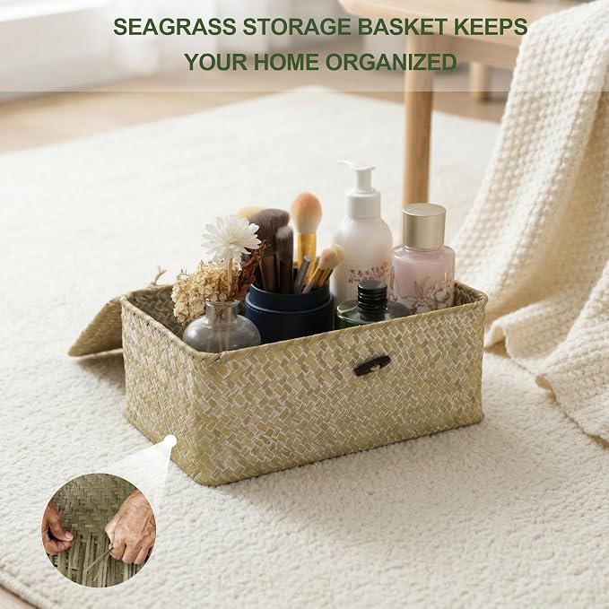 Nonam Wicker Storage Basket with Lid,Seagrass Shelf Basket Set of 3,White | Wicker Basket Container for Organizing, Boho Decorative Basket, Rectangular Household Storage Boxes for Home Organization