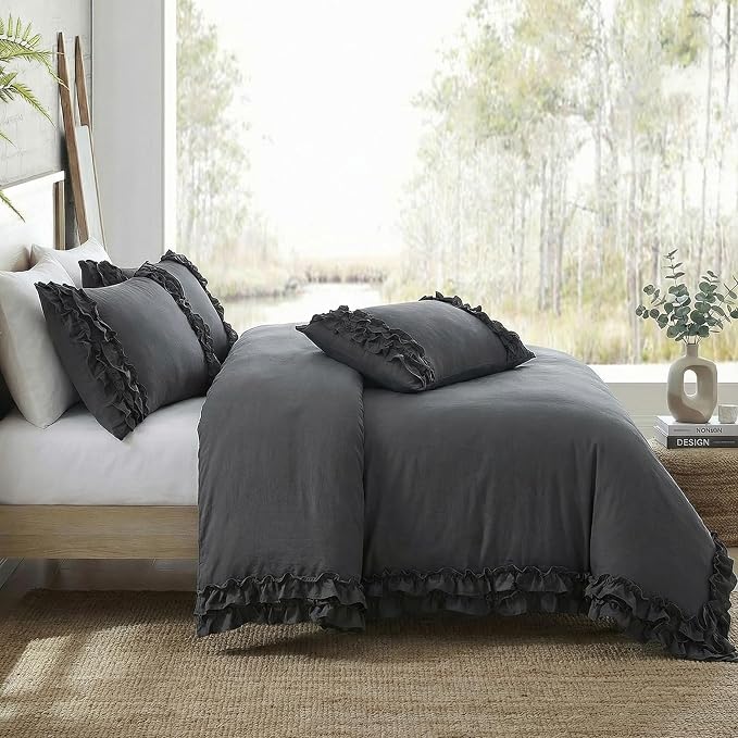 Dark Grey Ruffled Duvet Cover Queen Boho Bedding Set Gary Ruffle Fringe Shabby Chic Bedding Super Soft Cozy Farmhouse Duvet Cover Set for All Season