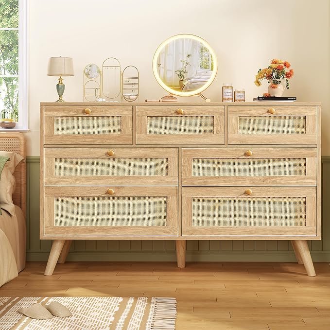 TEENFON Dresser for Bedroom, 47.2''Wide 7 Drawer Rattan Dresser, Wood Dressers TV Stand, Boho Dressers & Chests of Drawers for Bedroom, Entryway, Natural