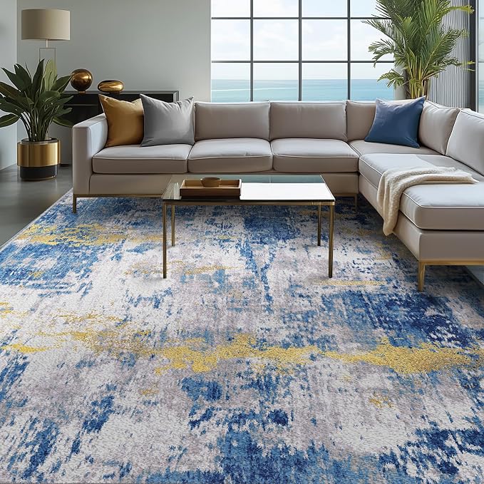 RELEANY Washable 9'x12' Abstract Area Rug for Living Room Blue Gold | Carpet for Bedroom, Kitchen, Office, Hallway and Entryway, Printed Pattern, Non‑Slip, Soft, Stain‑Resistant, Easy to Clean