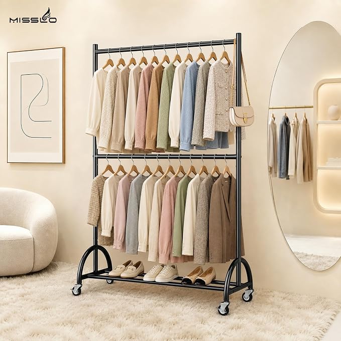 MISSLO Heavy Duty Clothing Racks for Hanging Clothes Double Rod Rolling Closet Rack with Wheels for Coats, Garment Storage, Black