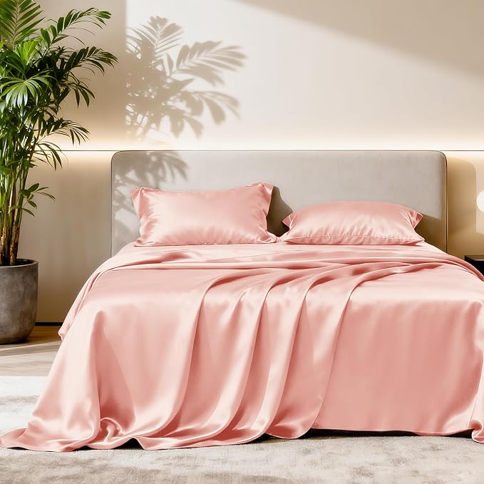 Love's cabin Satin Queen Sheets Set - 4 Piece Coral Silky Bed Sheets with Deep Pocket, Luxury Silk Feel Satin Queen Size Sheet Set (1 Flat Sheet,1 Fitted Sheet,2 Pillow Cases)