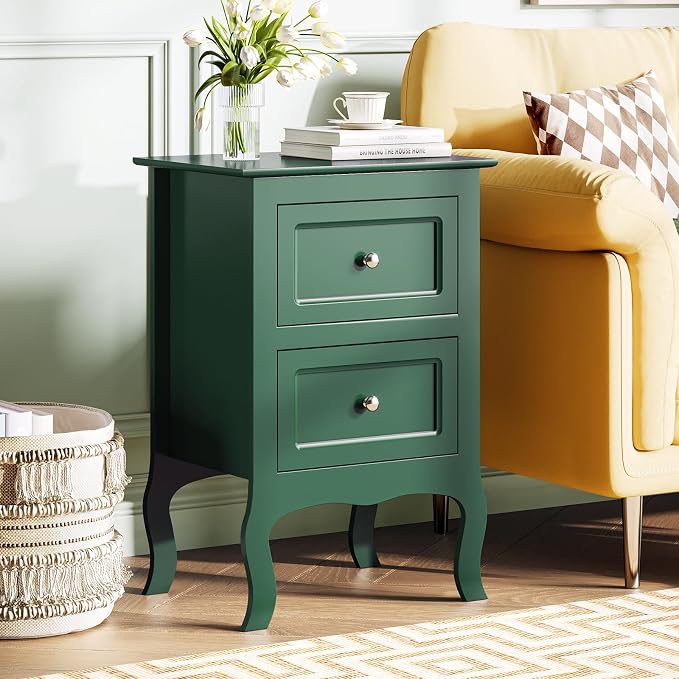 Bonnlo Green Nightstand Set of 2, Small Green Night Stands for Bedroom, Kids Room, Living Room, Wood, 15.75" W x 11.8" D x 23.6" H