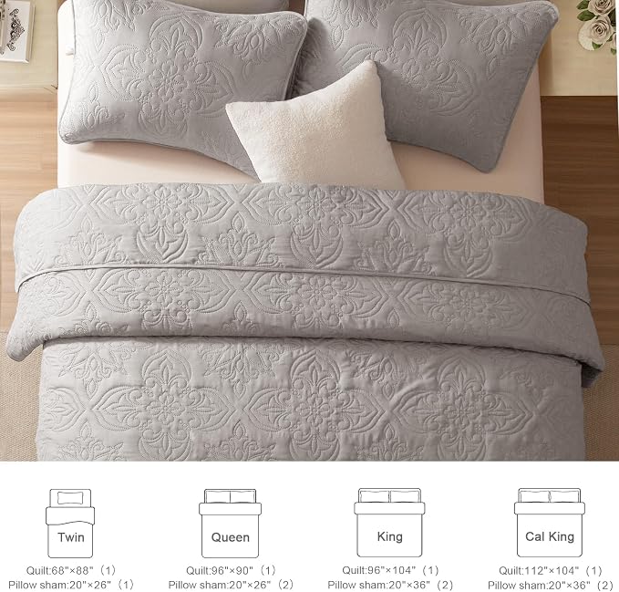 Whale Flotilla King Quilt Bedding Set Vintage Damask Reversible Bedspread | Suitable for Bed, 3 Pieces Light Grey Lightweight Breathable Quilt King Size, Ultrasonic Coverlet with 2 Pillow Shams