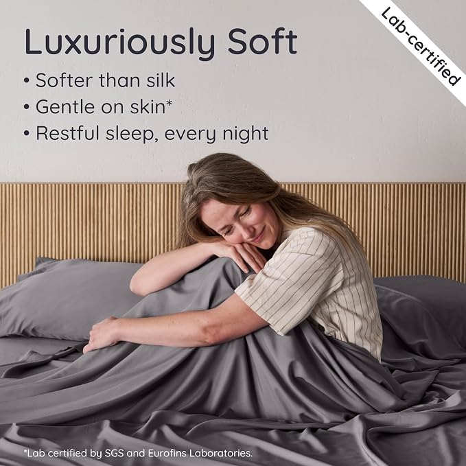 Bambaw 100% Viscose Derived from Bamboo Sheets Queen Size Set – 6pcs Deep Pocket Cooling Queen Sheets, Fits Up to 16'' with Elastic Corner Straps, Buttery Soft Sheets Queen (Dark Gray)