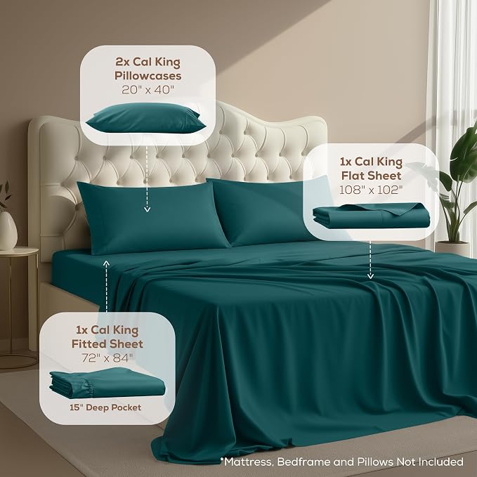 California King Sheets Set, 4 Pieces 16" Deep Pocket Bed Sheets, Teal Green | Extra Soft Bedsheet Set, Comfy & Breathable Cooling Sheets, Wrinkle & Fade Resistant, Fitted Sheet, Flat Sheet, 2 Pillowcases