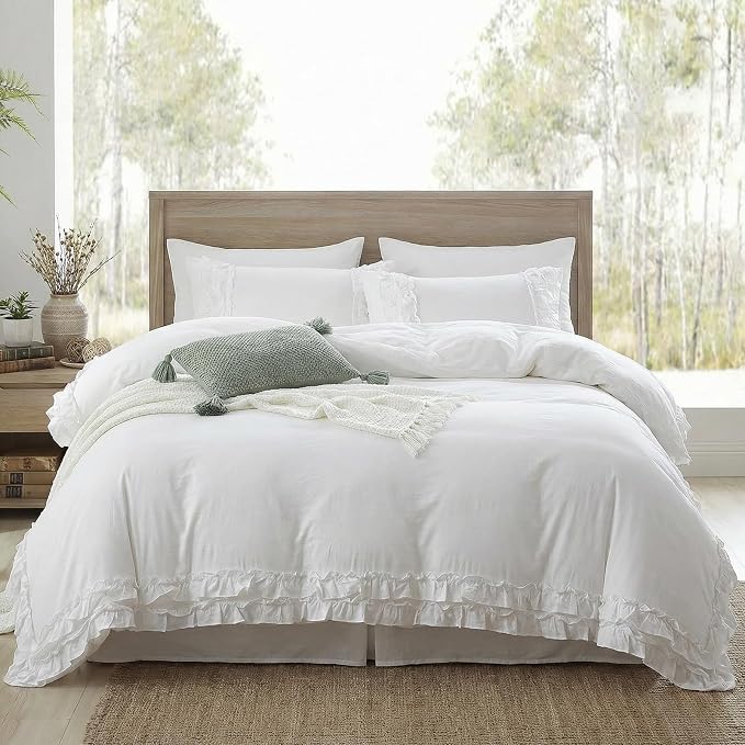 Bedorm White King Duvet Cover Pure Ivory Ruffle Bedding Set Pleat Ruffled Shabby Chic Comforter Cover Extra Soft & Easy Care White Boho Duvet Cover Set