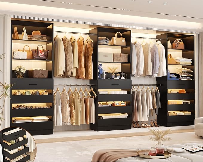 Aheaplus Closet System with 12 Drawers, 8.5-11.5Ft Wood Closet Organizer | Black Closet Storage with 4 Hanging Rods & 3 Towers, 4Ft & 6Ft L-Shaped Walk-in Closets Wardrobe Organizer, Set of 3