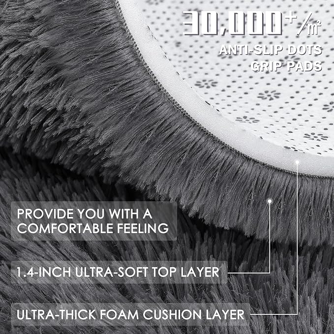 OLANLY Grey Round Rugs for Bedroom - Machine Washable, 5 ft Circle Area Rugs for Living Room, Soft and Fluffy Shaggy Carpet for Teen Girls and Boys, Nursery Rooms, Dorms, Home Decor Aesthetic