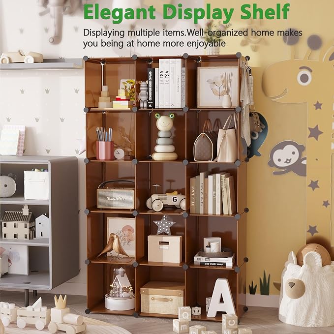 C&AHOME 16 Cube Storage Organizer Cube Shelves Units Storage Cubes, Brown | Plastic DIY Closet Organizer, Stackble Modular Closet Storage Shelves Ideal for Home, Bedroom, 48.4" L × 12.4" W × 48.4" H