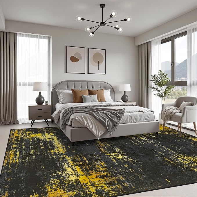 5x8 Area Rug Living Room: Modern Washable Soft Carpet Black Gold | For Bedroom Dining Room Farmhouse Nursery Hallway Office,Modern Abstract,Machine washable,Non-Slip,Stain Resistant,Indoor