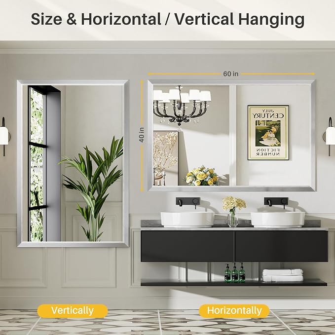 Bathroom Wall Mirror, Silver Brushed Nickel Metal Frame, 60x40 Inch | Anti-rust, HD tempered glass, for bathroom vanity, bedroom, living room, horizontal or vertical mount