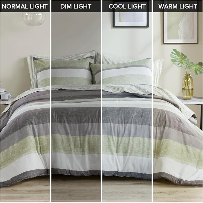 Madison Park Essentials Jaxon Twin Comforter Set, Bed in A Bag Comforter & Sheet Set, Modern Casual Stripes Print, All Seasons, Soft Bedding Makeover, Matching Sham, Twin Green/Grey 5 Piece
