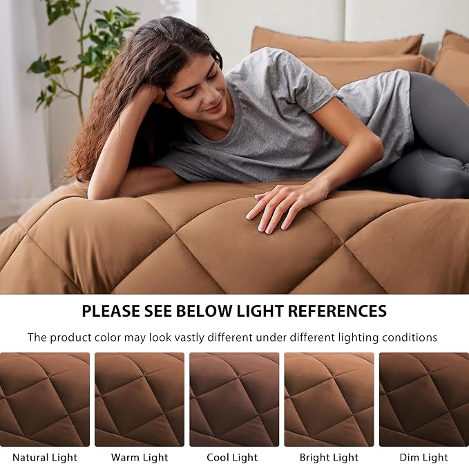 Love's cabin Queen Comforter Set Mocha Mousse, 7 Pieces Queen Bed in a Bag, All Season Bedding Sets with 1 Comforter, 1 Flat Sheet, 1 Fitted Sheet, 2 Pillowcase and 2 Pillow Sham