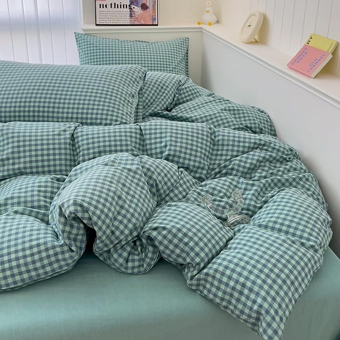 LifeTB Green Gingham Comforter Set Full Size Geometric Plaid Checkered Pattern Comforter Green Grid Plaid Printed Bedding Comforter Set with 2 Pillowcases Fluffy Soft Gingham Bedding Set Breathable
