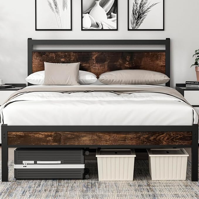 Easy Install 16 Inch Full Size Bed Frame with Headboard&Footboard | Large Under Bed Storage, No Box Spring Needed, Non-Slip Without Noise, Sturdy Steel Frame, Mattress Foundation, Brown
