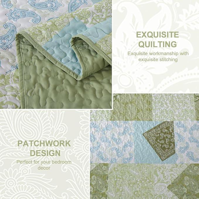 Mybedsoul Boho Quilt King Size, Patchwork Bedding Set, Sage Green | Soft Lightweight Microfiber Floral Coverlet Set, 3 Pieces Plaid Reversible Bedspread, Bed Sets for All Seasons 90"x110"