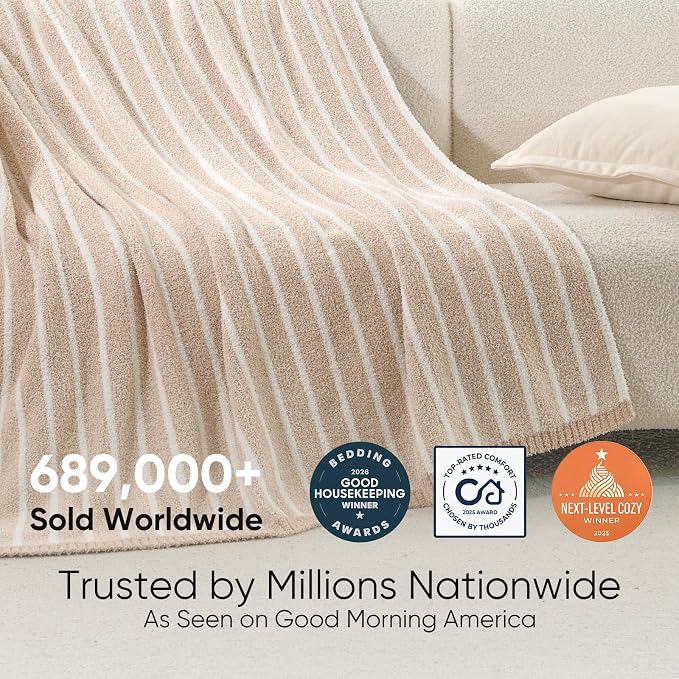 Snuggle Sac Ultra Soft Beige Throw Blanket for Couch, Reversible Cozy Knitted Ribbed Blanket for Sofa, Bed, Home Decor 50"x60"