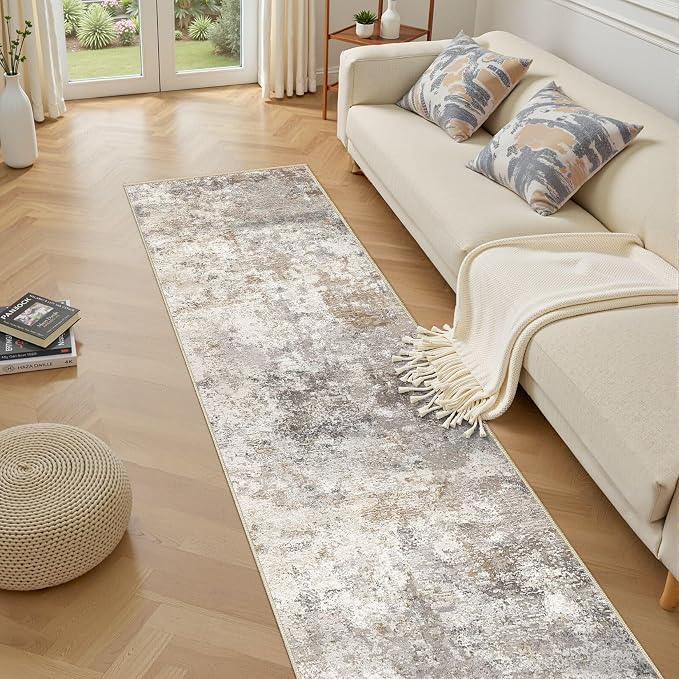 UERMEI 2x10 Washable Runner Rug for Hallway, Non Slip Low Pile Kitchen Carpet, Neutral Modern Abstract Indoor Floor Mat for Entryway Laundry, Kid & Pet Safe High Traffic Area, Brown Grey