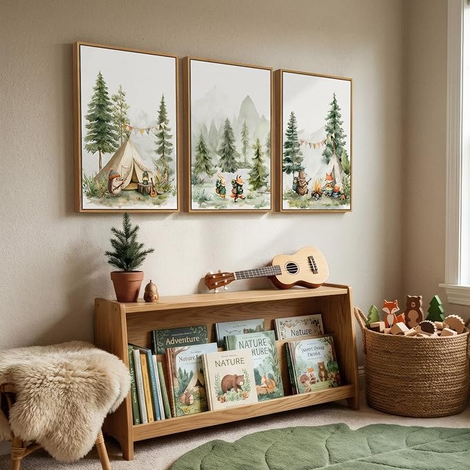 Framed Forest Animal Wall Art for Nursery, 3 Piece Nature Cute Whimsical Bear Fox Rabbit Canvas Painting Prints for Modern Farmhouse, Rustic Cabin Toddler Girl Artwork for Bedroom Kids Room, 16x24