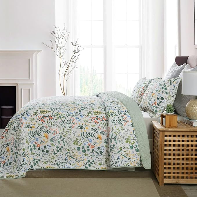 Cotton Bedspread Quilt Sets-Reversible Patchwork Coverlet Set, Green Classic Floral Pattern, Queen Size