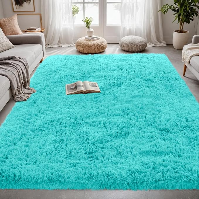 4x6 Fluffy Shag Area Rugs for Living Room Bedroom: Soft Carpet Teal Blue | Upgraded Non-Slip Thick Memory Foam, Ultra Soft, Non-Shedding Fuzzy Carpet, Easy Clean Decor for Kids Room, Nursery, Playroom