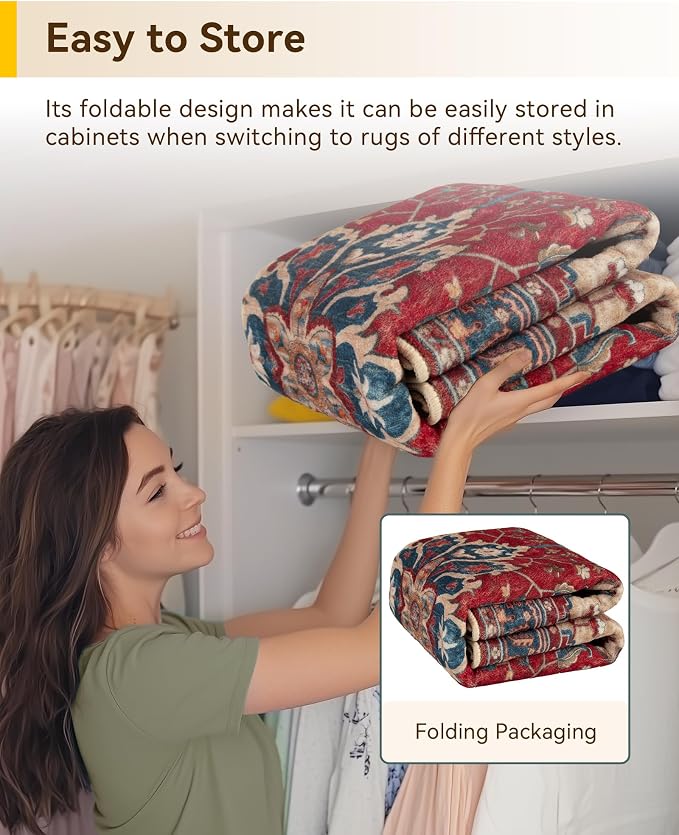 RELEANY Washable Area Rug, 6'x9', Red/Blue | Non-Slip, Water Repellent, Pet Friendly, Easy to Clean, Vintage Floral Boho Decor for Living Room Bedroom Dining Room Office