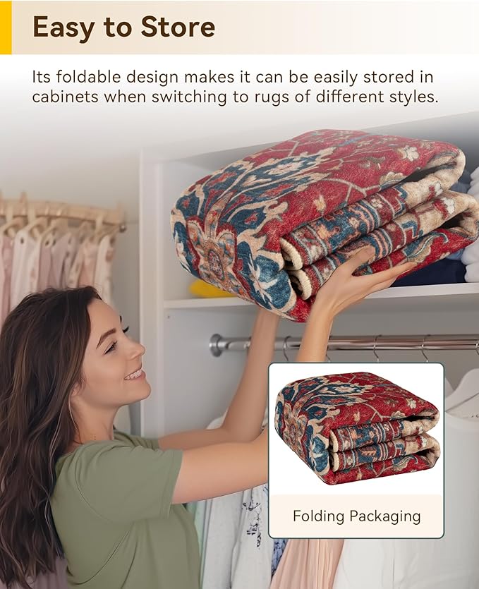 RELEANY Washable Area Rug, Square 6'x6', Red/Blue | Non-Slip, Water Repellent, Pet Friendly, Easy to Clean, Vintage Floral Boho Decor for Living Room Bedroom Dining Room Office