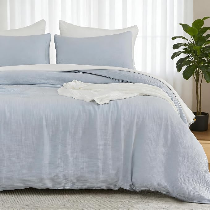 EMME Muslin Cotton Duvet Cover Set Blue King Size Linen Like Soft Breathable Lightweight Summer Comforter Cover Set with Zipper Closure (Blue, King, 104"x90")